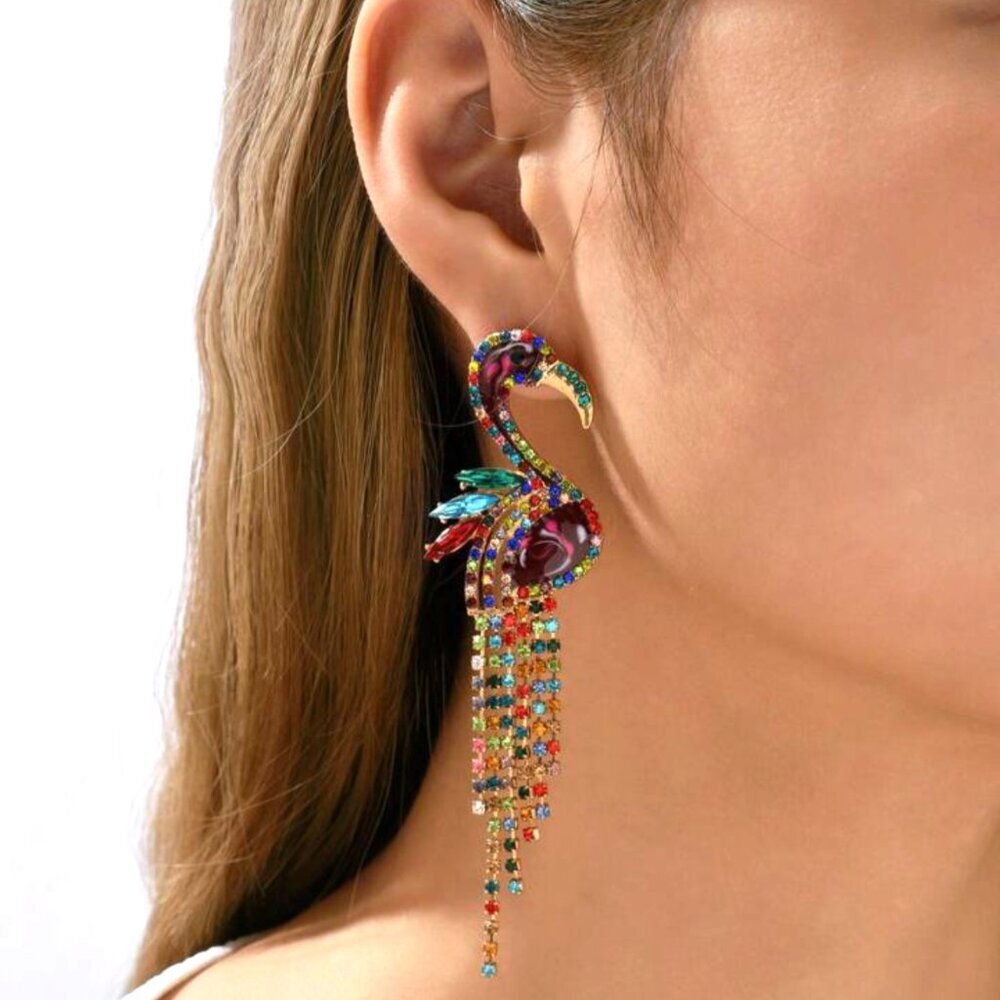 NEW Colorful Blingy Rhinestone Flamingo Drop Statement Party Earrings